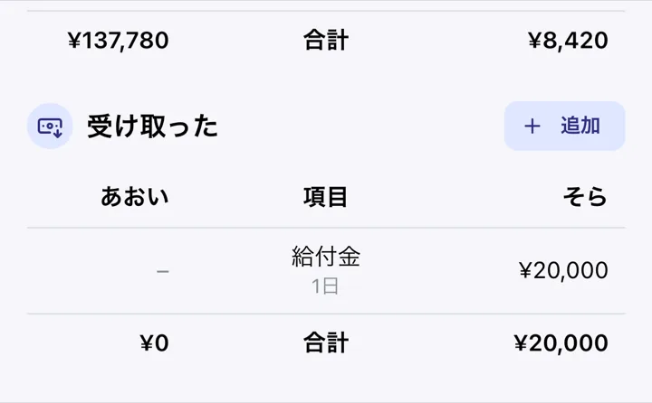 精算画面の「受け取った」欄。給付金 20,000 円をそらが受け取ったと記録されている