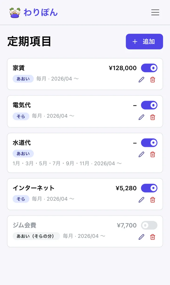 定期項目の一覧。家賃・電気代・インターネットは毎月、水道代は 1月・3月・5月・7月・9月・11月と表示されている